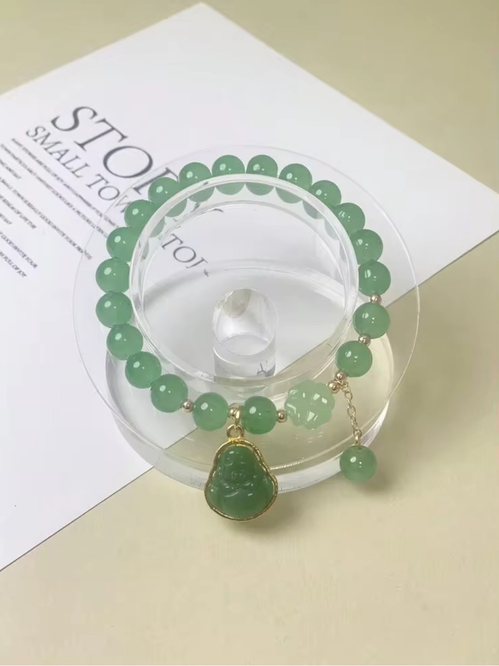 Green Jade Bead Bracelet with Buddha Charm - Women Jewelry - Picture 2 of 4